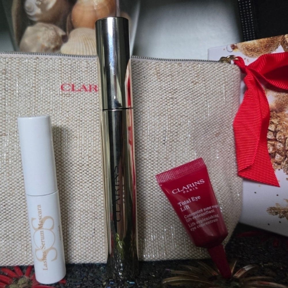 Clarins All About Eyes Gift Set Total Eye Lift Mascara SOS Lash Serum Pouch NIB